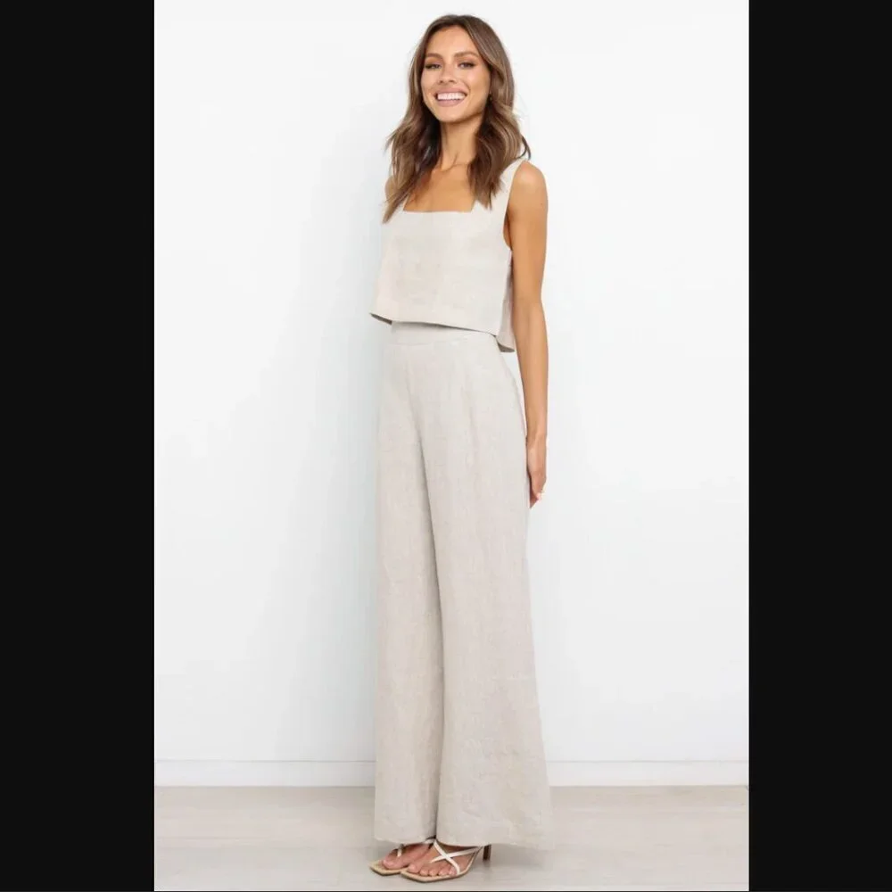 Petal & Pup Devlin Beige Square Neck Cropped Linen Top 4 - Picture 8 of 16